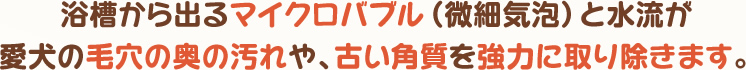 浴槽から出るマイクロバブル（微細気泡）と水流が愛犬の毛穴の奥の汚れや、古い角質を強力に取り除きます。